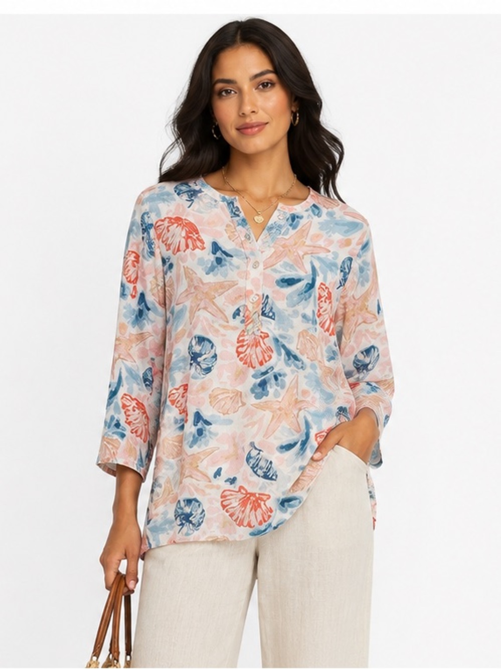 Printed V-Neck 3/4 Sleeve Blouse in Coral & Blue